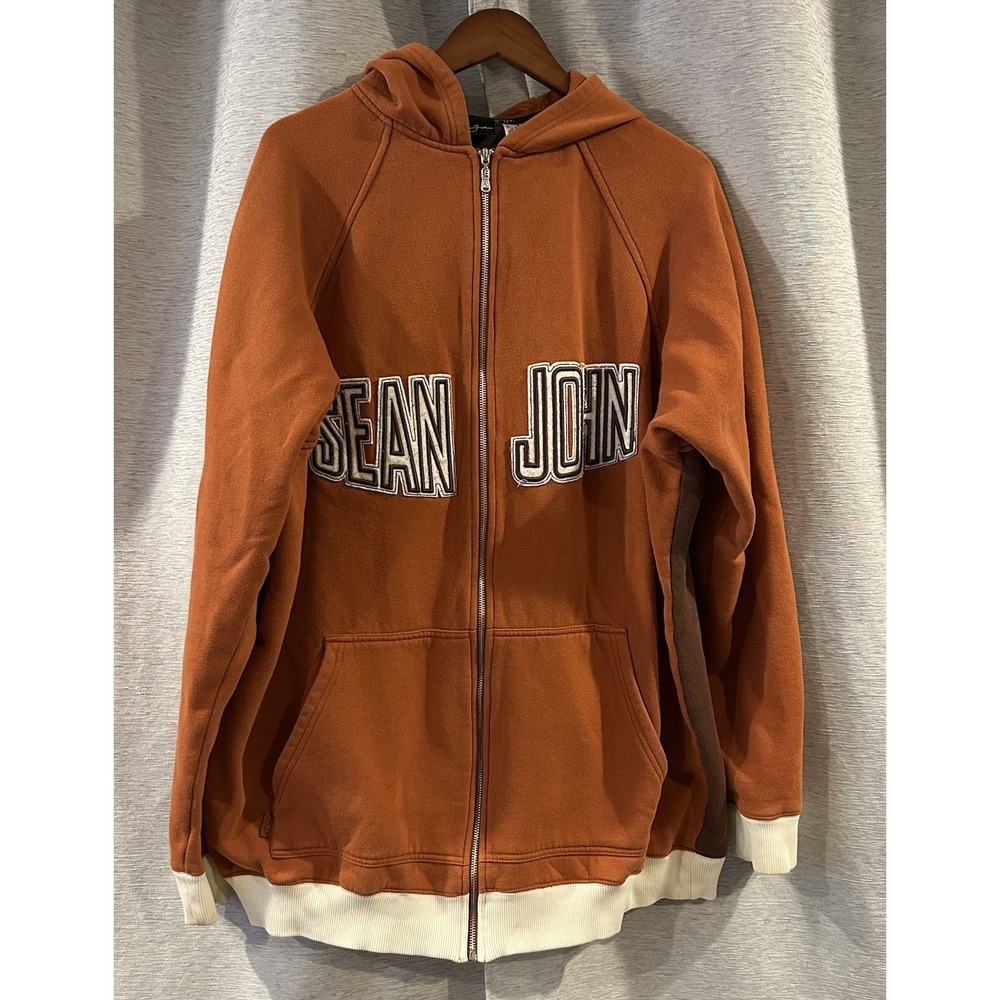 VTG Y2K Sean John Men's Brown Orange Zip Up Hoodie Hip Hop Sweatshirt Size‎ 2XLT